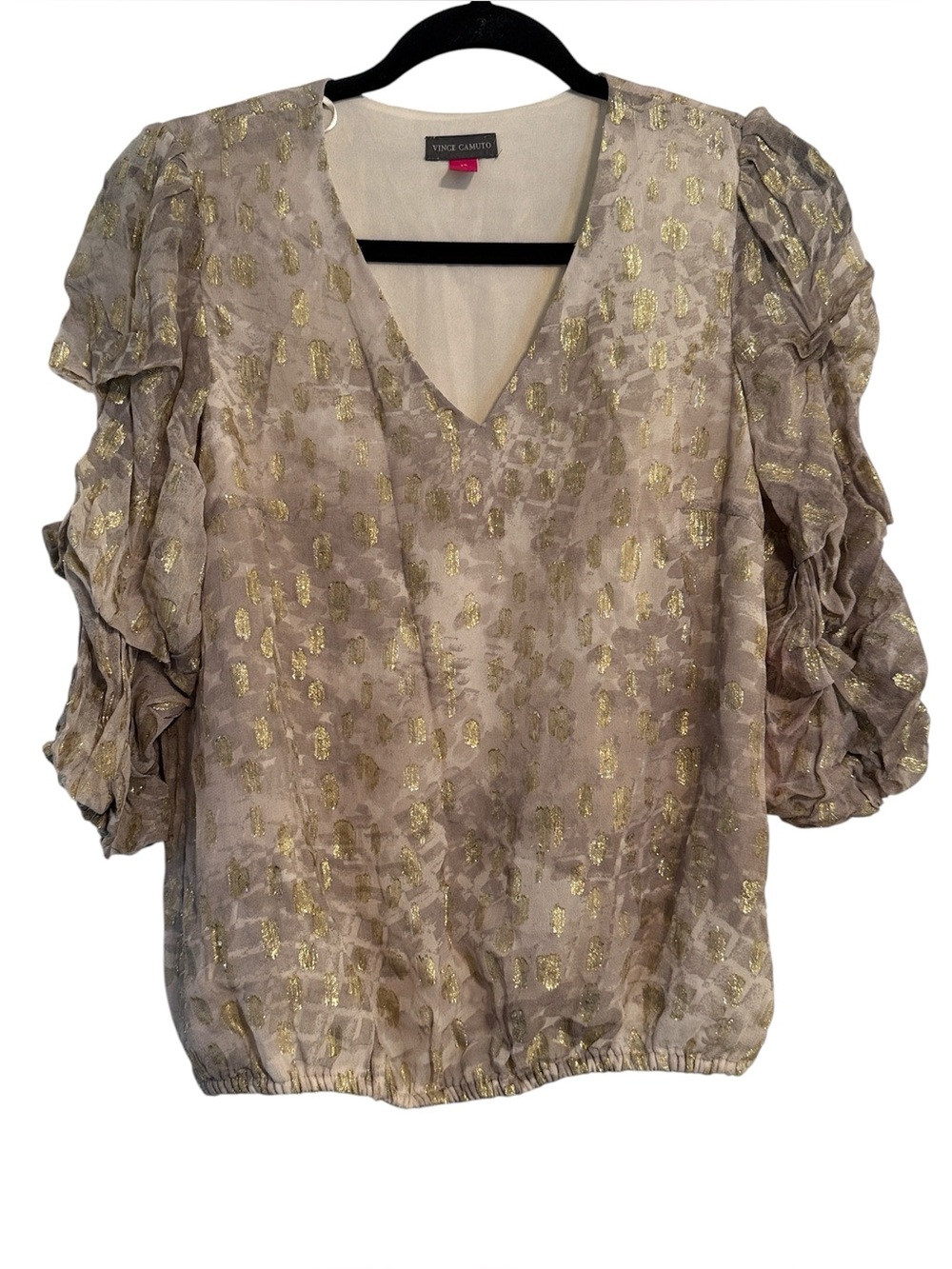 Vince Camuto Ruched Sleeve Gold Detail V-Neck Blouse NWT